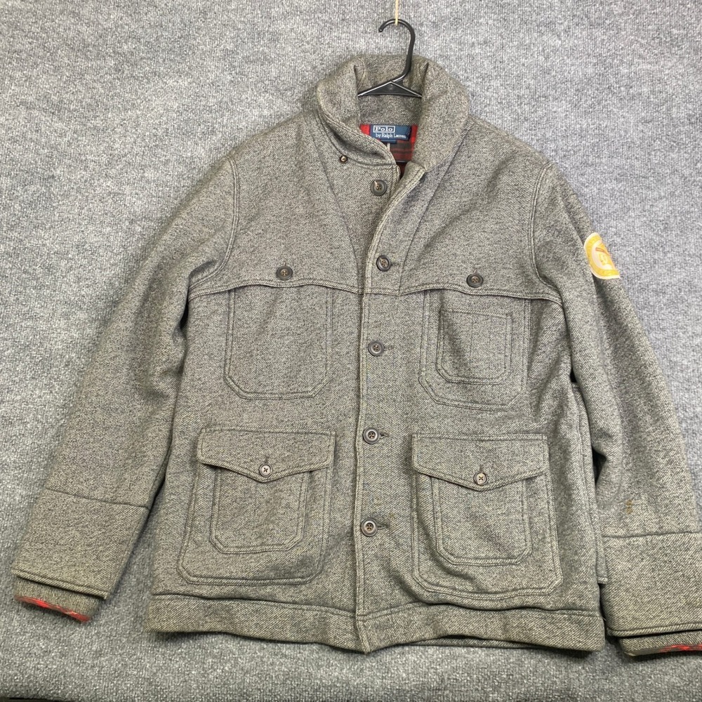 VTG Polo Ralph Lauren Expedition Gray Knit Field Jacket Plaid Men M Indian Head
